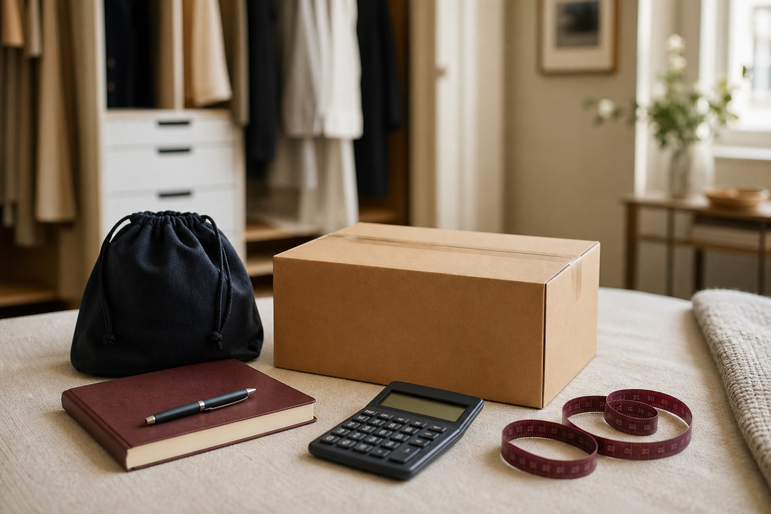 Plain parcel, calculator, notebook, measuring tape and storage bag representing a UK sex doll budget