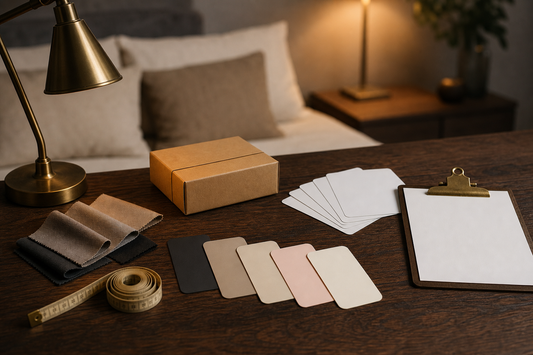 Blank option cards, fabric swatches, parcel and measuring tape representing sex doll feature choices