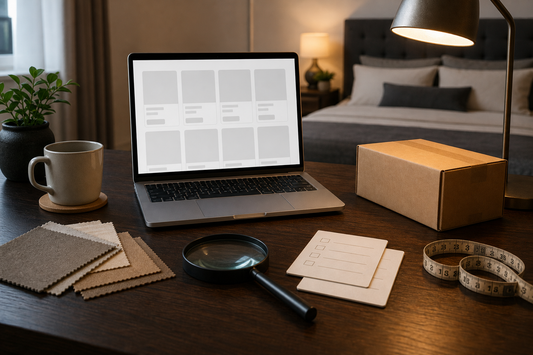 Laptop with blank product cards, magnifying glass, checklist cards, parcel and measuring tape for comparing sex doll listings