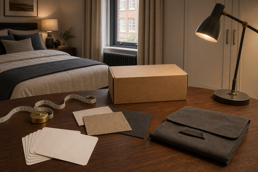 Feature priority cards, measuring tape, parcel and fabric swatches for choosing a first sex doll