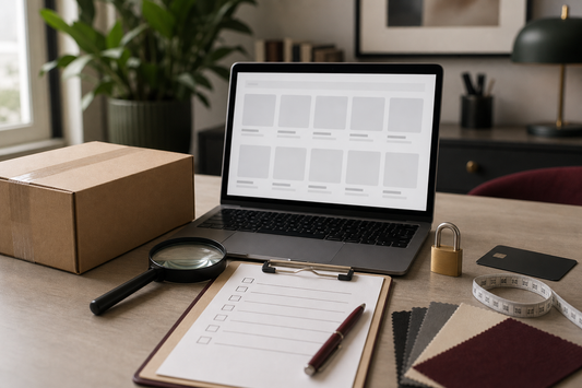 Plain parcel, laptop, magnifying glass, checklist and padlock for spotting sex doll website red flags