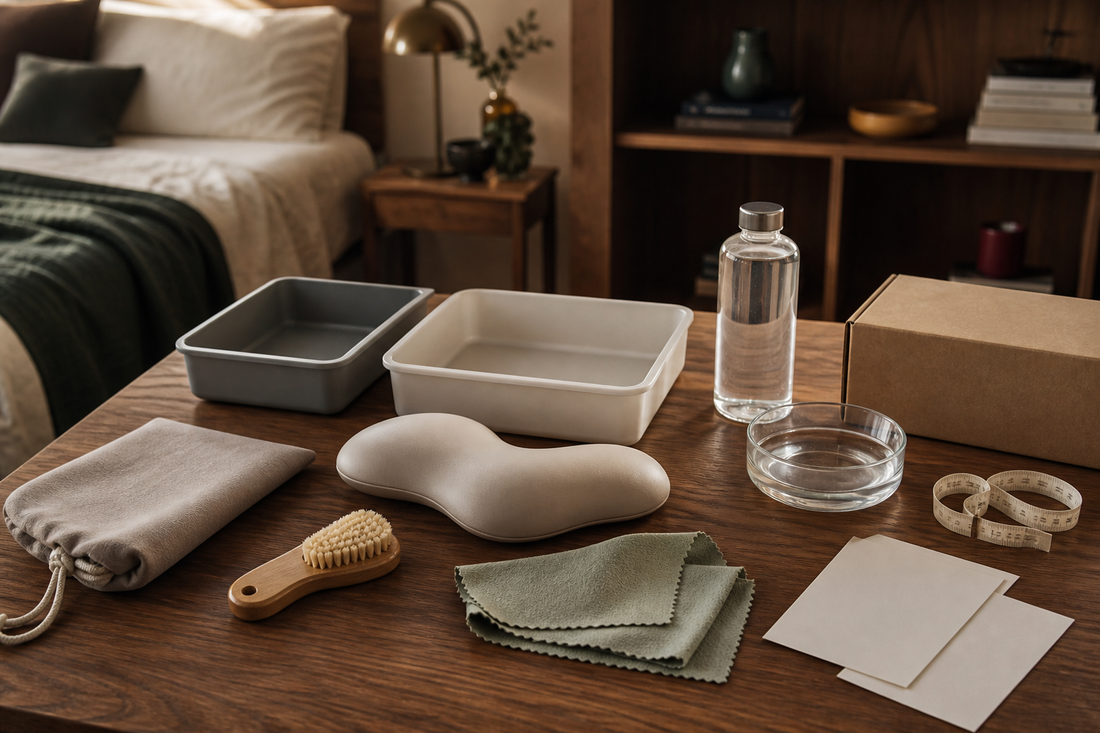 Cleaning trays, cloths, brush, plain parcel and care cards for removable inserts and fixed openings