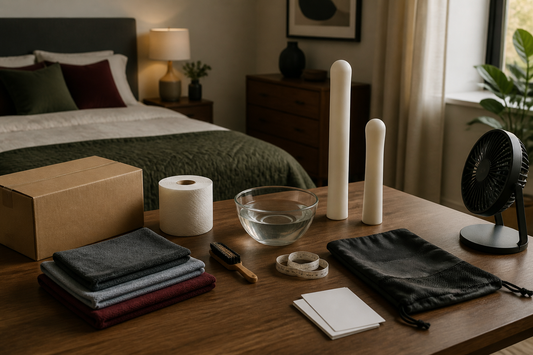 Care cloths, bowl, fan, plain parcel and storage pouch for drying a sex doll after cleaning