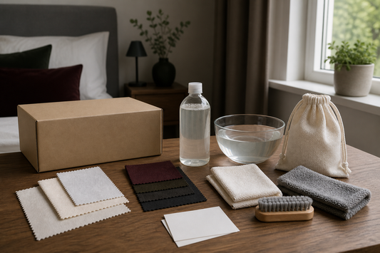 Plain parcel, fabric swatches, cleaning cloths, brush and bowl for removing clothing stains from TPE or silicone