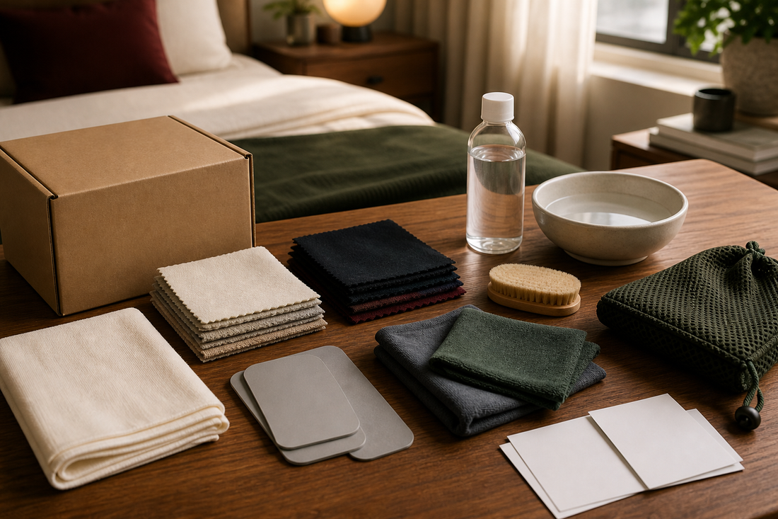 Plain parcel, light and dark fabric swatches, cleaning cloths and care cards for preventing clothing stains on a sex doll