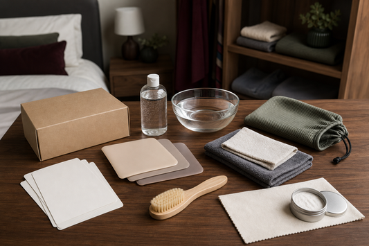 Plain parcel, TPE material swatches, cleaning cloths, powder tin and care tools for fixing a sticky TPE surface