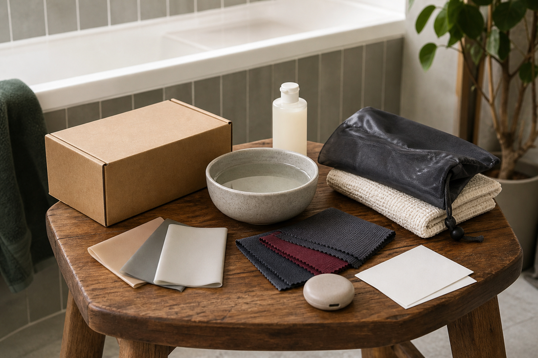Plain parcel, cleaning tools, towels and water bowl for planning safe sex doll shower and bath care