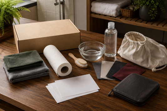 Plain parcel, cloths, brush, water bowl and storage pouch for a sex doll cleaning kit checklist