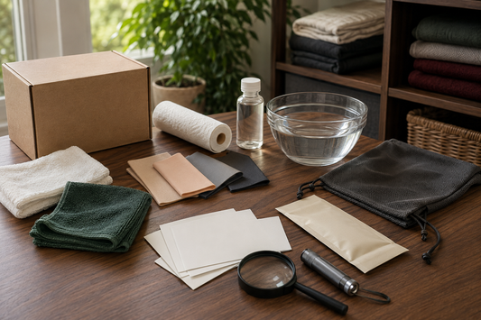 Plain parcel, care cloths, inspection cards, magnifying glass and storage pouch for checking a damaged sex doll