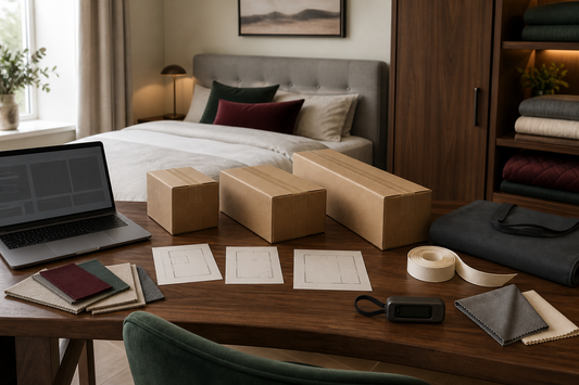 Plain parcels, blank floor plans, storage bag and fabric swatches comparing compact torso formats