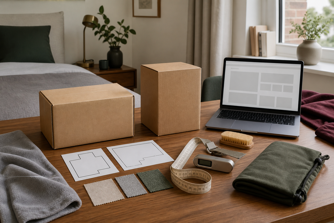 Plain parcels, floor-plan cards, fabric swatches and measuring tools comparing lower-body and torso doll formats