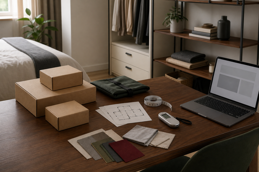 Plain parcels, storage bag, measuring tape and floor plans for compact sex doll options in a small apartment