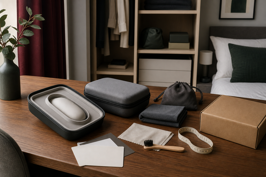 Plain storage trays, cleaning cloths, measuring tape and parcel comparing removable inserts and built-in openings
