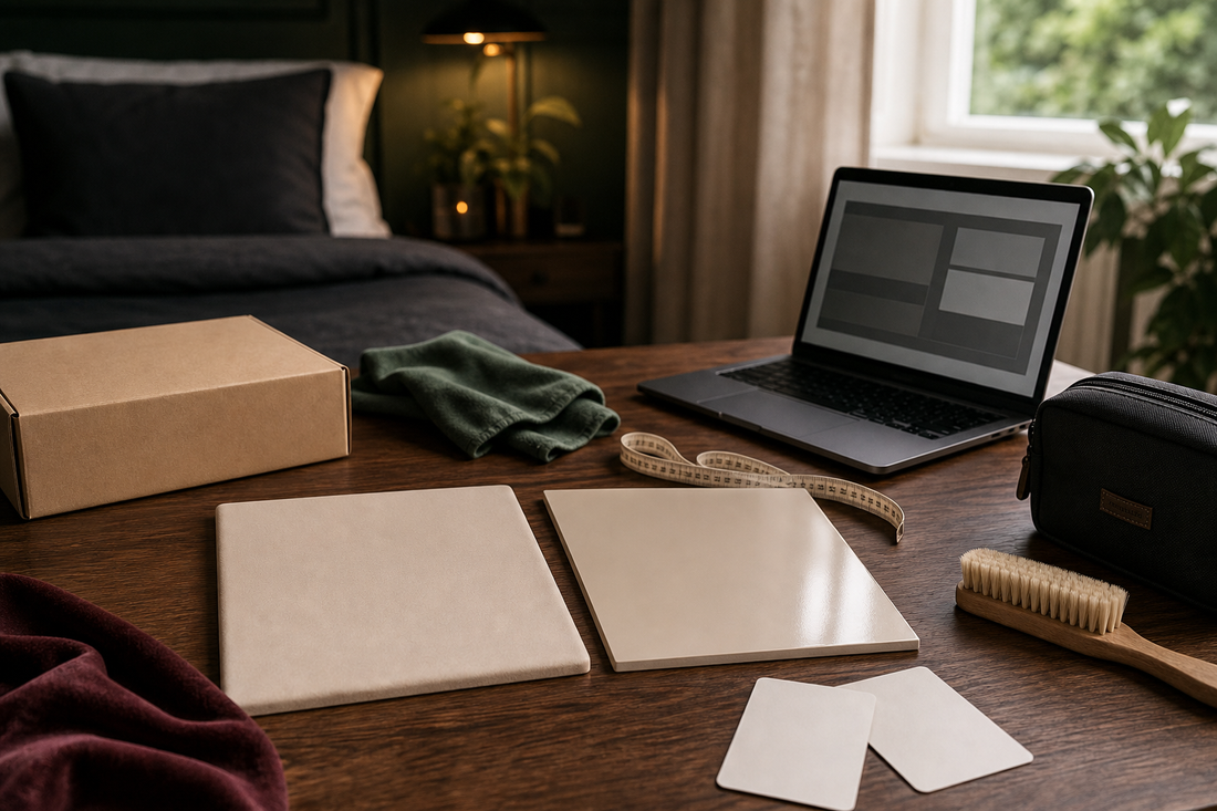 Plain parcel, matte and satin material swatches, measuring tape and care tools comparing silicone and TPE sex doll feel