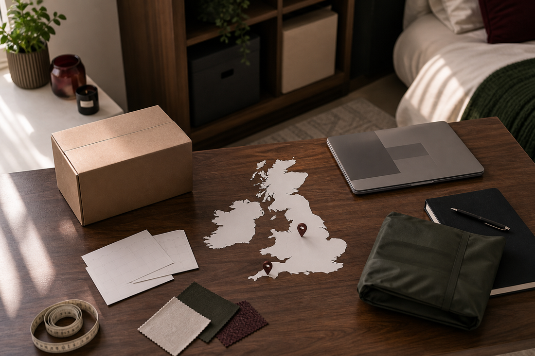 Plain parcel, UK map, blank calendar cards and storage bag explaining UK warehouse sex doll delivery