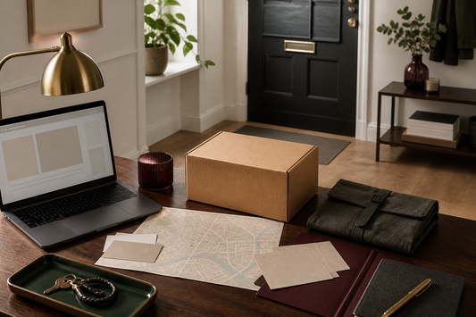 Plain parcel, delivery cards, key tray and closed laptop for discreet UK sex doll delivery planning