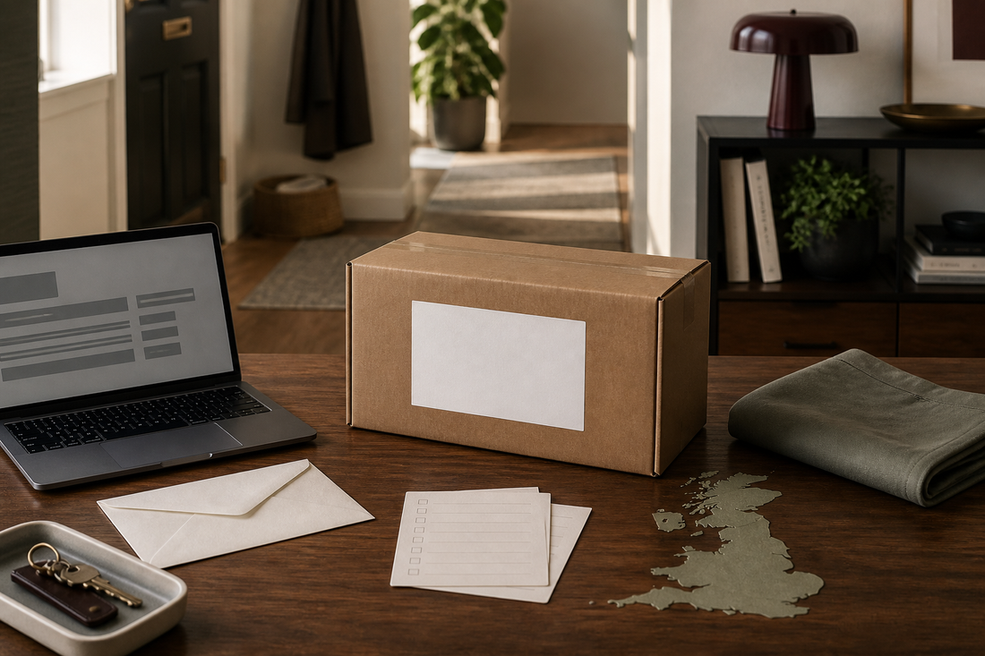 Plain parcel with blank shipping label, tracking card and laptop for discreet UK delivery privacy