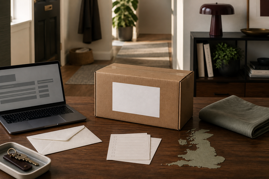 Plain parcel with blank shipping label, tracking card and laptop for discreet UK delivery privacy