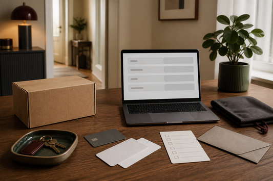 Plain parcel, blank bank card, laptop and privacy checklist for UK adult purchase payment privacy