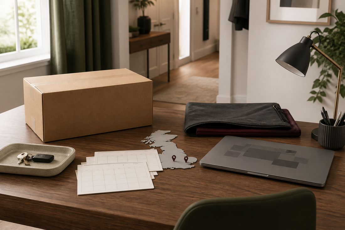 Plain parcel, blank delivery calendar, UK map and laptop for planning sex doll delivery times