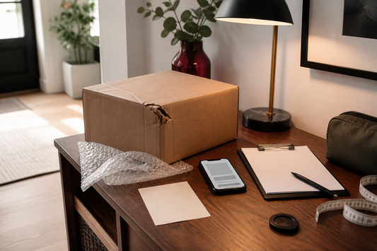 Plain damaged parcel, bubble wrap, blank checklist and phone for recording delivery damage evidence