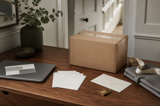 Plain parcel, customs-style checklist, envelope and padlock for UK import VAT and duty planning