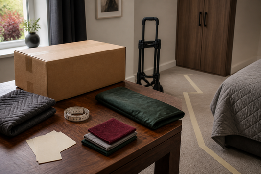 Plain parcel, trolley handle, measuring tape and storage materials for planning one-person sex doll handling