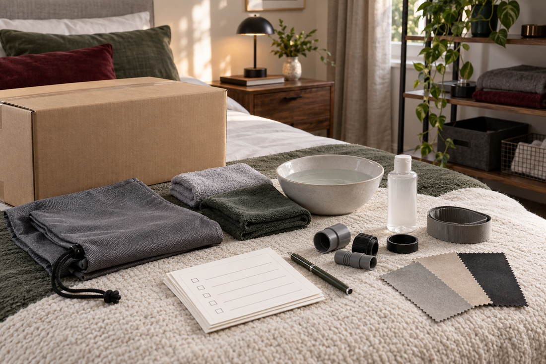 Plain parcel, storage pouch, cleaning cloths, bowl and checklist cards for setting up a new sex doll