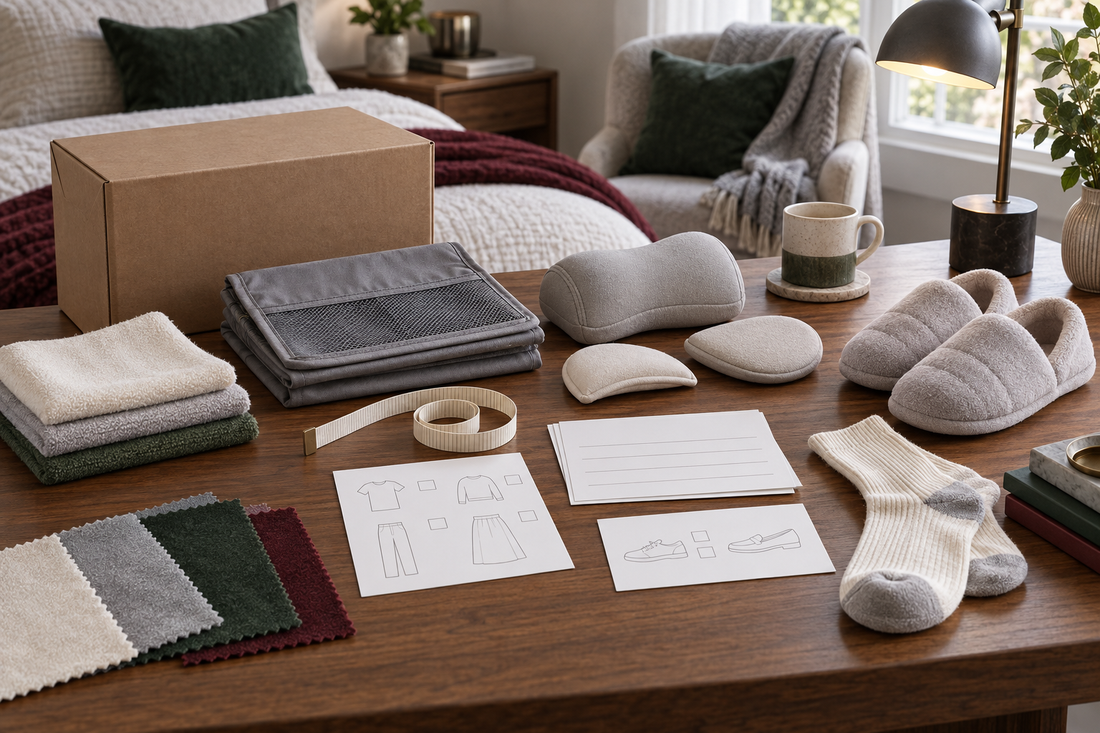 Plain parcel, measuring tape, fabric swatches, socks and blank worksheet cards for measuring sex doll clothing and shoes