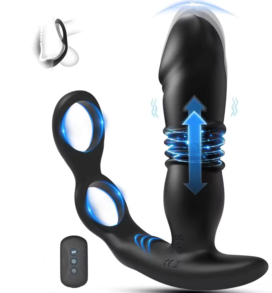Black silicone vibrating prostate massager with perineum ring, flexible shaft, and remote control.