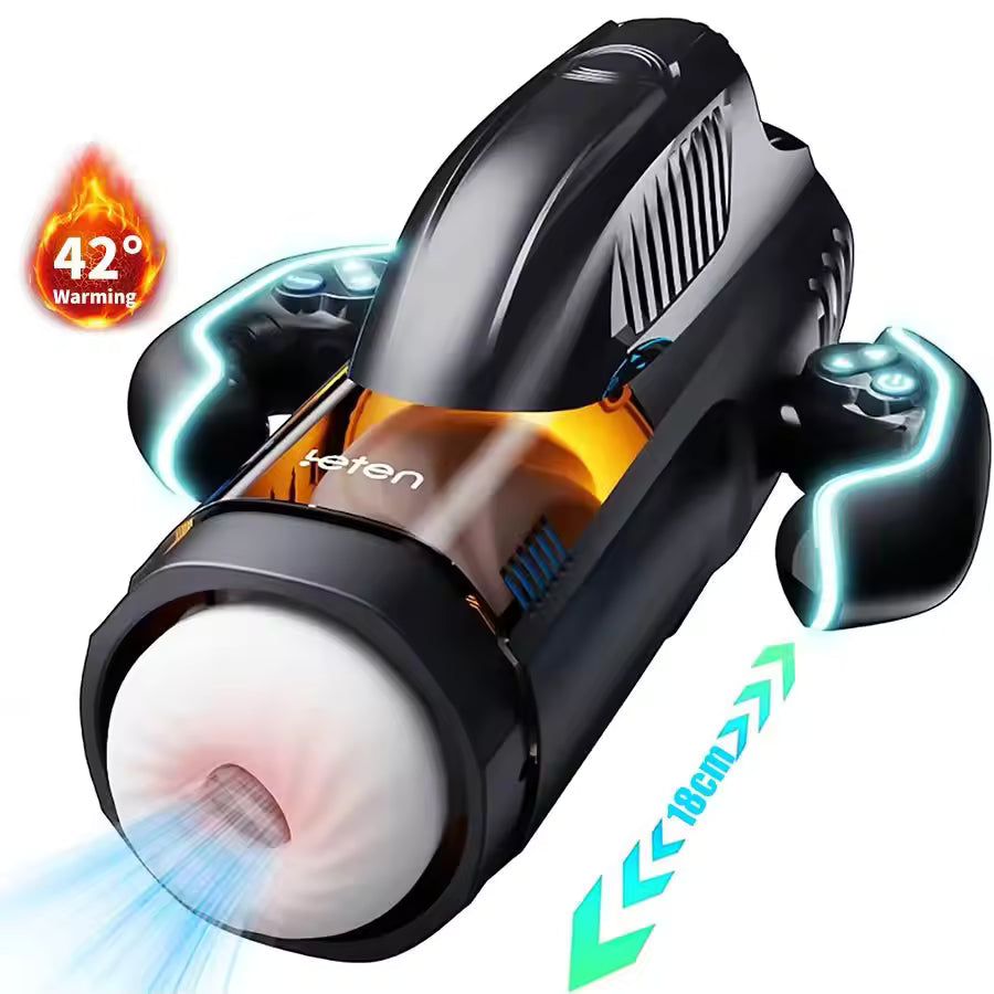 Leten automatic male masturbator showcasing 42° warming function and 18 cm stroke range.