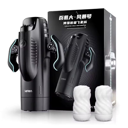 Leten thrusting male masturbator displayed standing upright alongside two replacement silicone sleeves and its retail box.