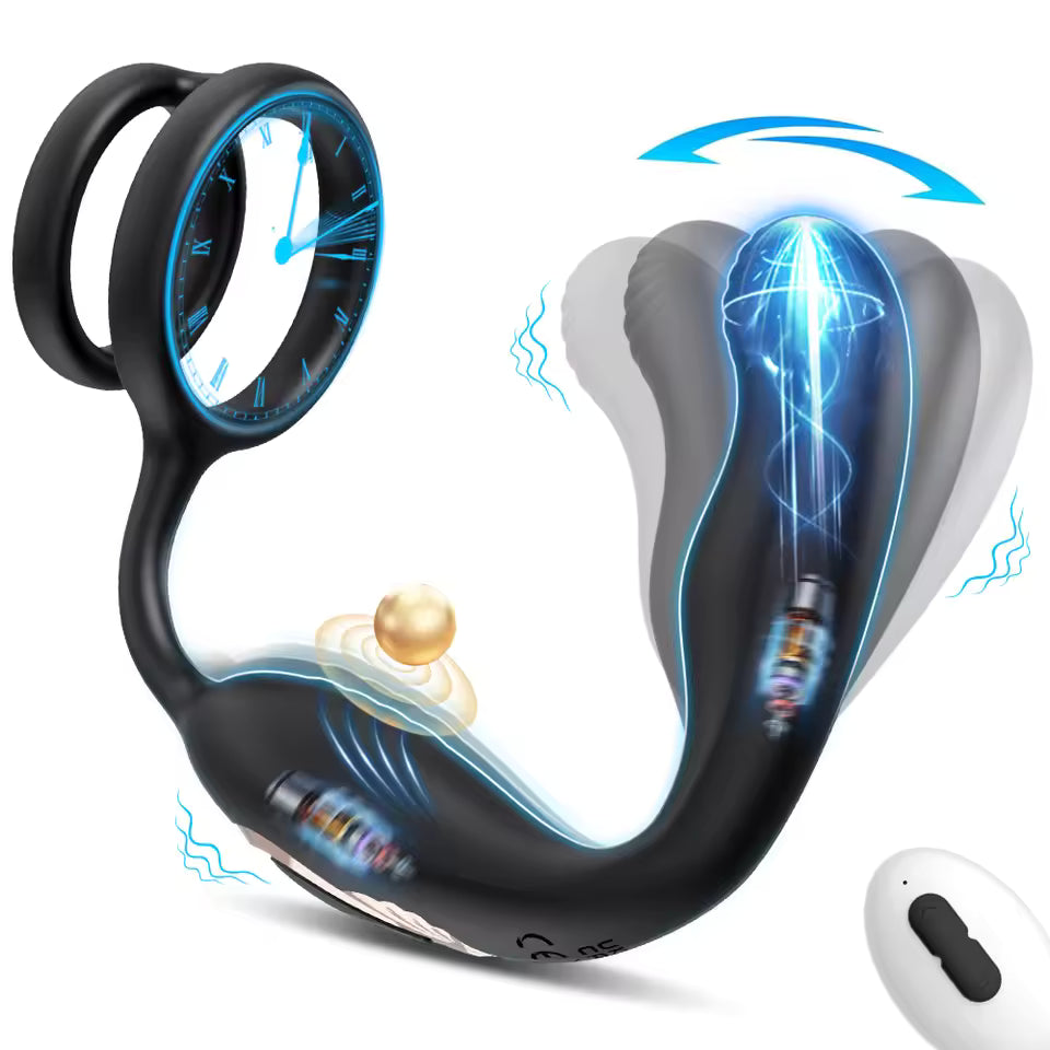 Black silicone prostate massager with wiggling tip, dual rings, perineum bead, and remote control.