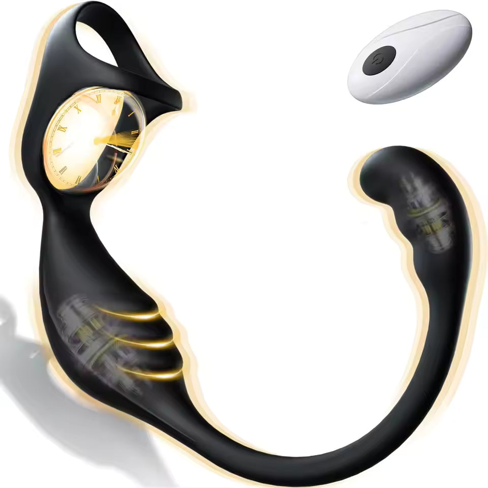 Black ergonomic prostate massager with dual motors, ring support, and white wireless remote.