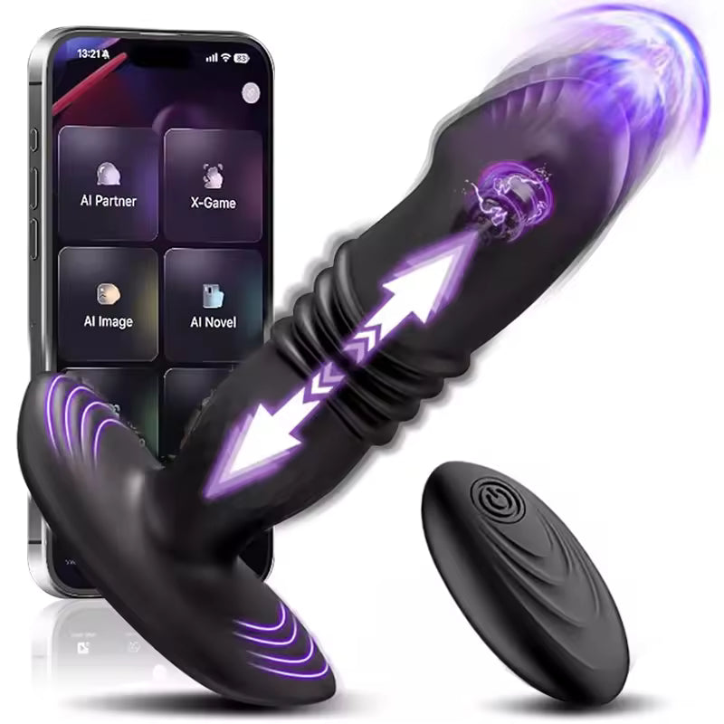 Black silicone app-controlled prostate massager with wiggling tip, flared base, and wireless remote.