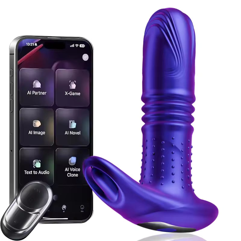 Purple silicone app-controlled prostate massager with textured shaft, base ring, and remote.