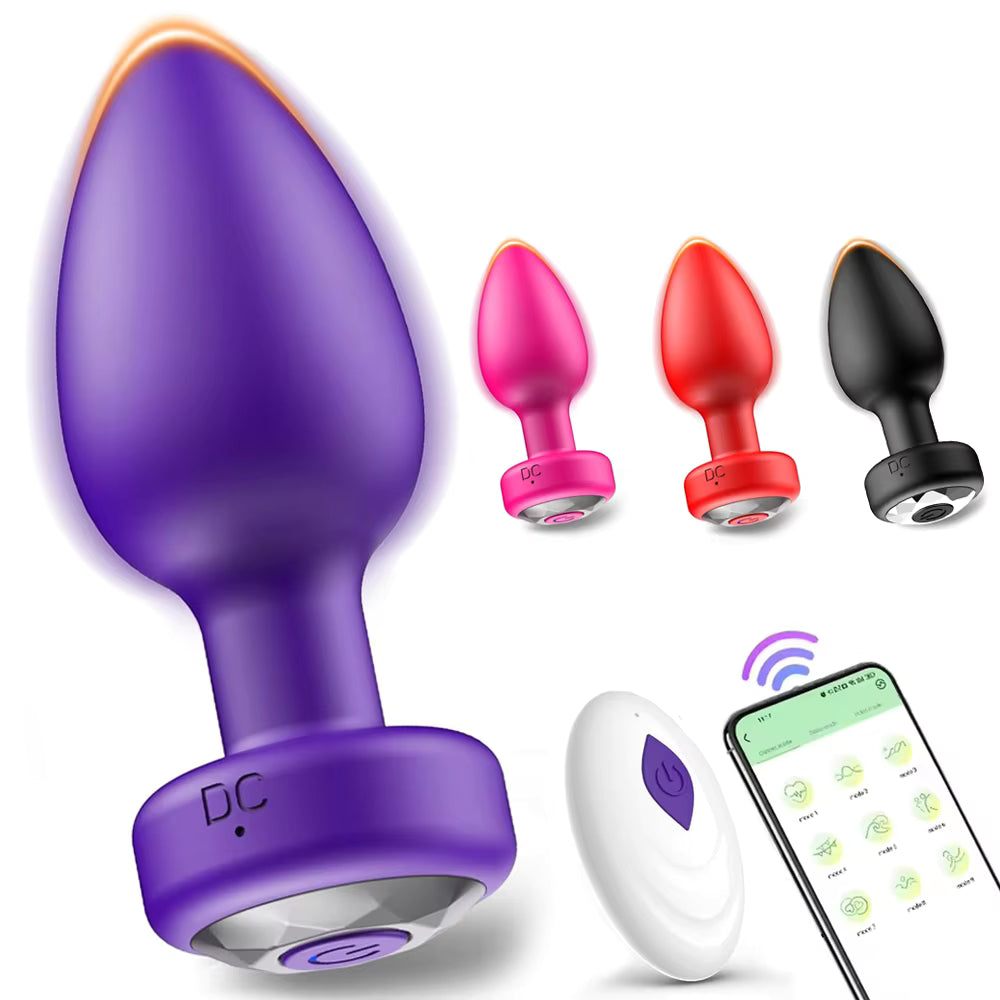 Purple vibrating butt plug alongside color options, wireless remote control, and smartphone app.