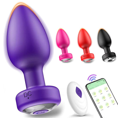 Purple vibrating butt plug alongside color options, wireless remote control, and smartphone app.