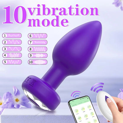 Purple vibrating butt plug displaying 10 vibration modes with wireless remote and phone app controls.