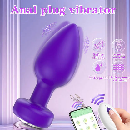 Purple vibrating anal plug featuring body-safe silicone, remote control, and waterproof icons.