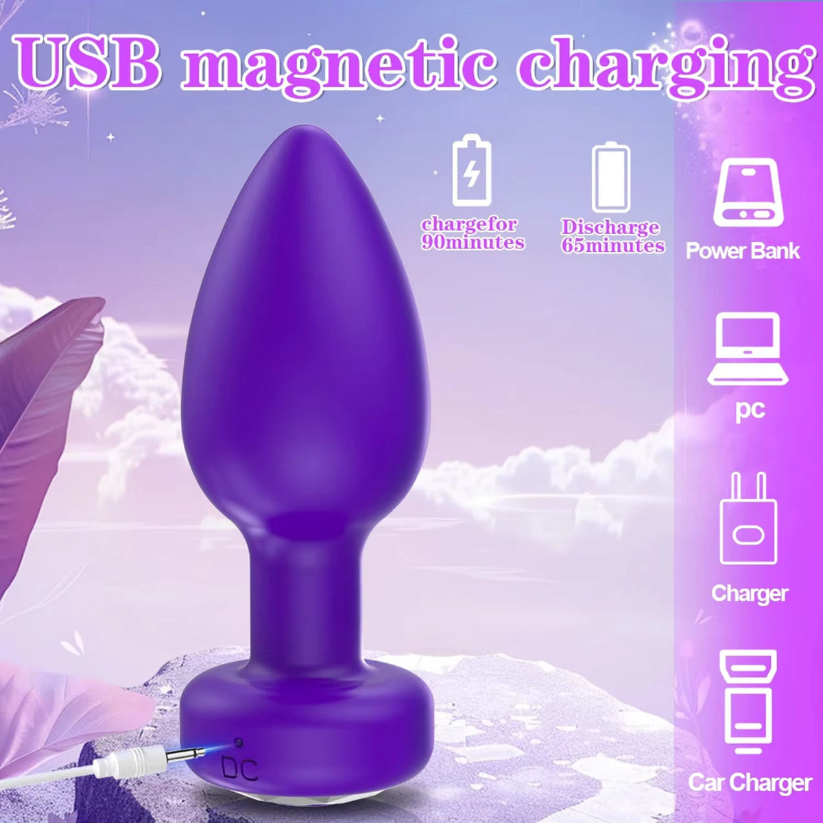 Purple vibrating anal plug with pin charging cable highlighting battery life and USB charging options.
