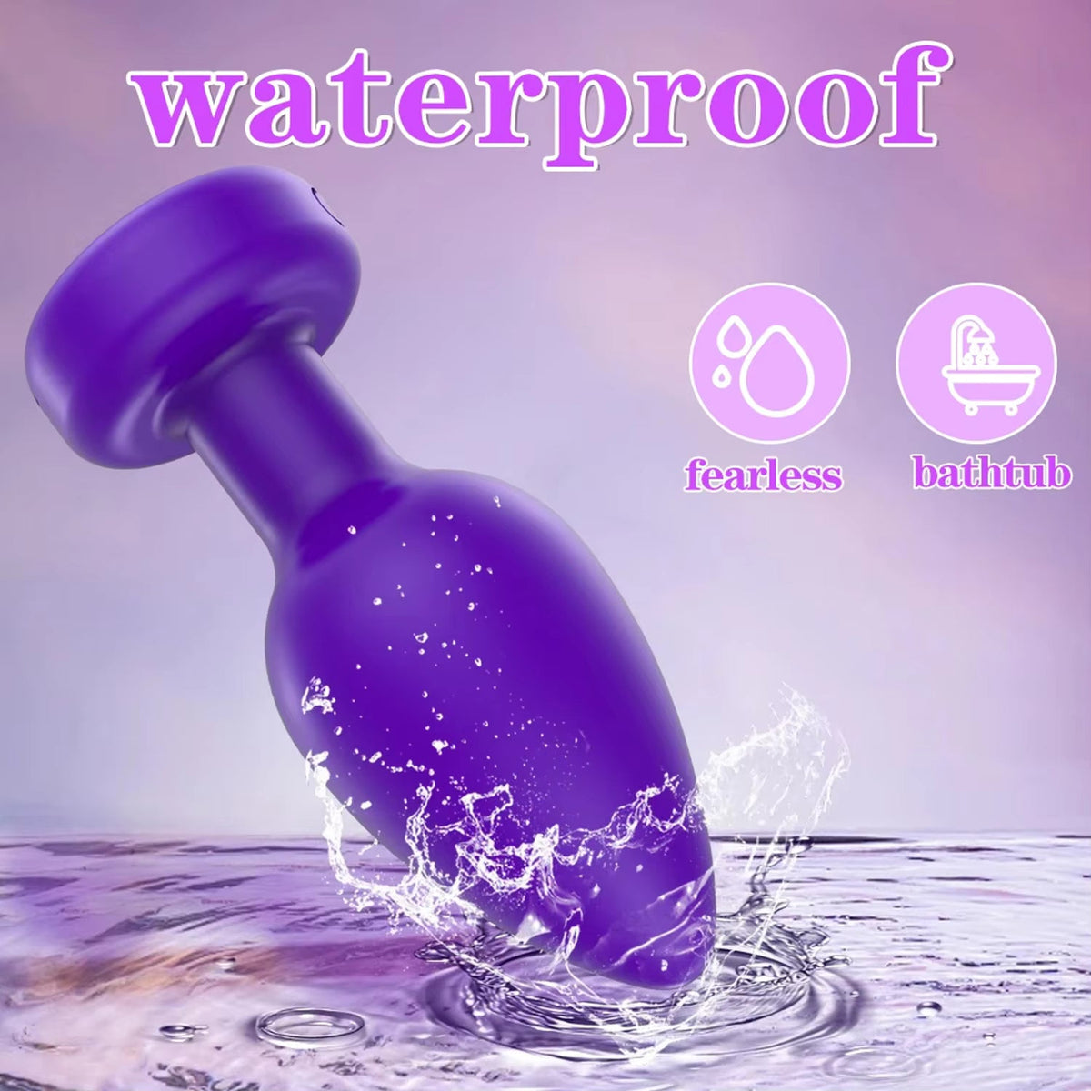 Purple vibrating anal plug dipping into water highlighting waterproof bathtub use.