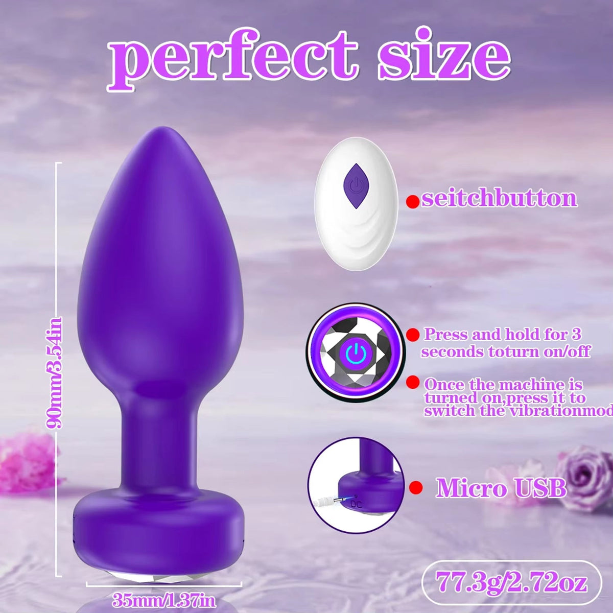 Purple vibrating anal plug with size dimensions, weight, switch button instructions, and Micro USB charging point.