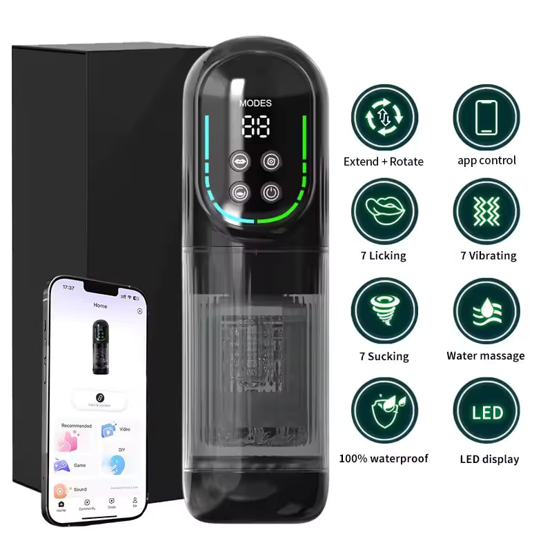 Black automatic male masturbator with LED display, smartphone app control, and feature icons.
