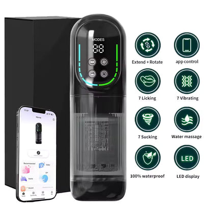 Black automatic male masturbator with LED display, smartphone app control, and feature icons.