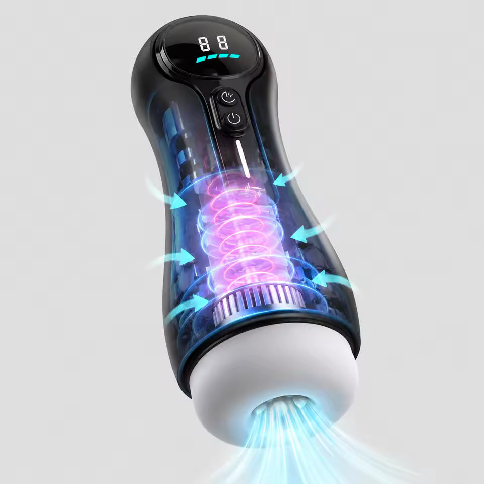 Black automatic male masturbator showing digital display, internal spiral sleeve, and suction graphics.