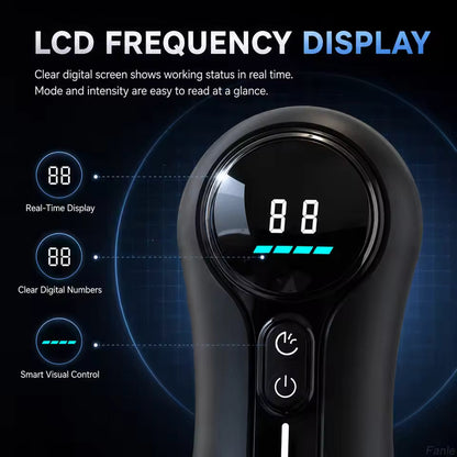 Black automatic male masturbator showing close-up of LCD frequency display and control buttons.
