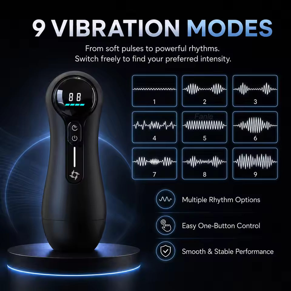 Black automatic male masturbator displaying its nine vibration modes and control features.