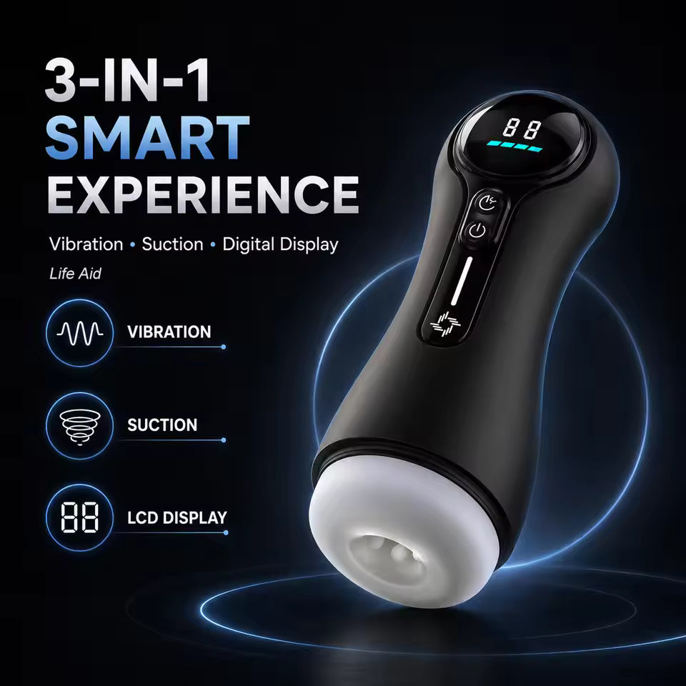 Black automatic male masturbator highlighting vibration, suction, and LCD digital display features.