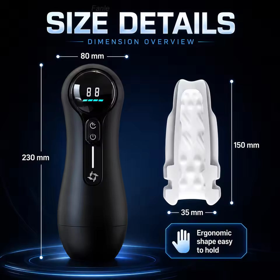 Black automatic male masturbator diagram showing product dimensions and inner sleeve size details.